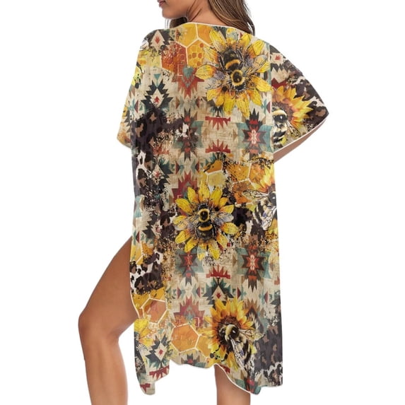 FKELYI Retro Sunflower Bee Print Kimono Cover Up for Women Summer Beach Coverup Half Sleeve Kimono Cardigan Sheer Beachwear Comfy Resort Wear for Ladies Casual Outfit