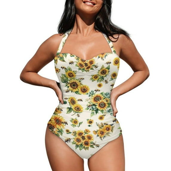 FKELYI Retro Sunflower Bee Print Women's Swimwear One Piece Swimsuit with Soft Pad Summer Beachwear Tummy Control Bathing Suits Halter Monokini for Lady Surfing Swimming, L