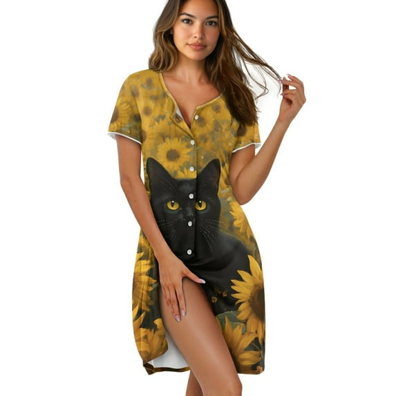 FKELYI Retro Sunflower Black Cat Print Women's Nightgowns Button Down Nightdress Summer Sleepwear Dress Nightshirt Dress Crew Neck Lounge Wear Dress Short Sleeve Pajama Dress, XS