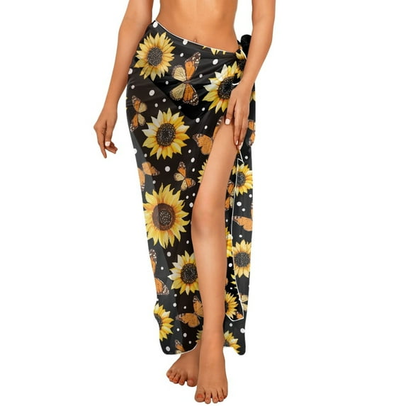 FKELYI Retro Sunflower Butterfly Print Sarong Cover Up Long Beach Wraps for Women Bikini Cover Up Sheer Fabric Pareo Summer Swimwear Skirt Coverup for Bathing Suit for Lady