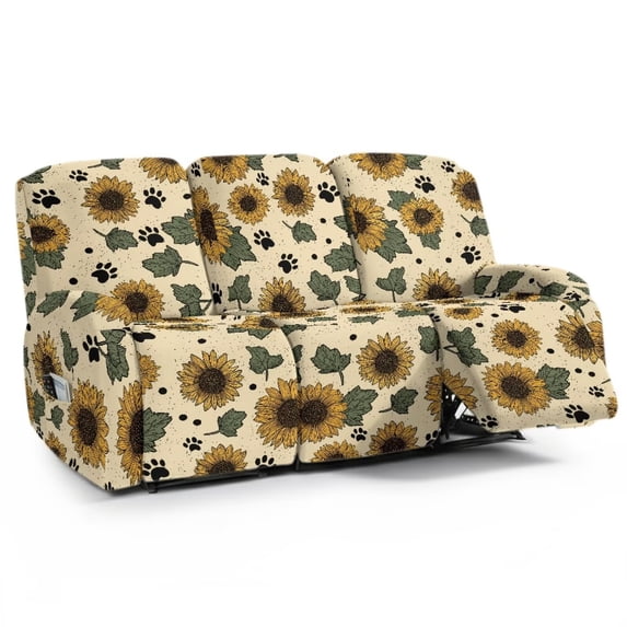 FKELYI Retro Sunflower Dog Paw Print Recliner Sofa Covers 8 Pcs Stretch Reclining Chair Slipcovers Dustproof Furniture Protector for 3 Seater Couch Decor Covers
