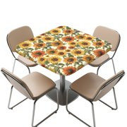 FKELYI Retro Sunflower Print Waterproof Tablecloth Square Fitted Table Cover Stretch Fabric Polyester Card Table Protector Covers Indoor Outdoor Decor, 36x36 inch