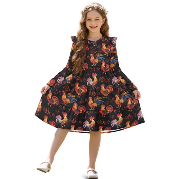 FKELYI Ruffled Long Sleeve Dress for Girl A-Line Pleated Twirly Dress Vintage Rooster Leaf Print Crew Neck Flowy Holiday Dresses for Kids Fall Outfits, 5-6 Y