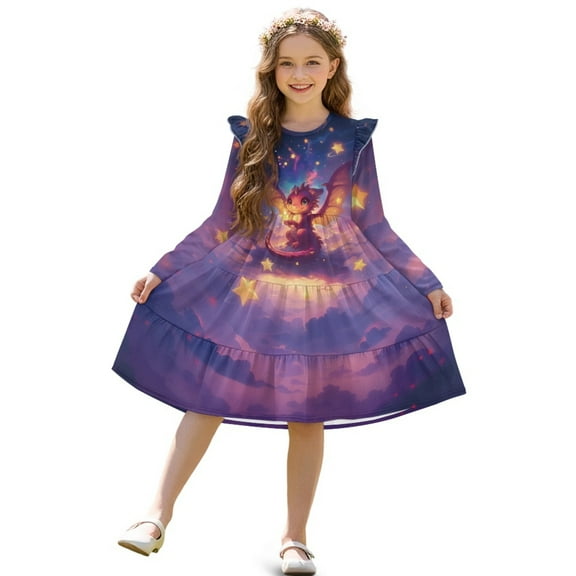 FKELYI Ruffled Sleeve Dress for Girl Dragon Purple Starry Print Pleated Swing Pactchwork Dress Fall Crewneck Playwear Casual Dresses, 7-8 Y