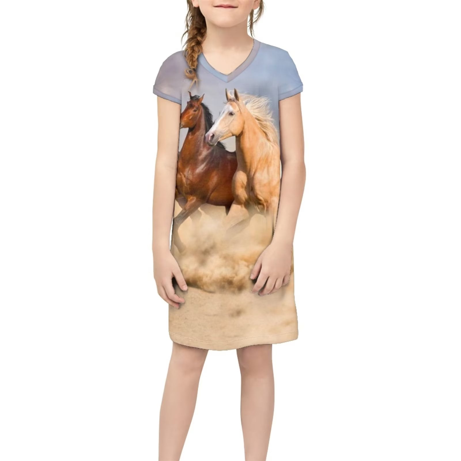 FKELYI Running Horse Kids Girls Dress Size 11 12 Years Elastic School Little Girls Dress Up Clothes Lightweight V Neck Sundress for Daily Life