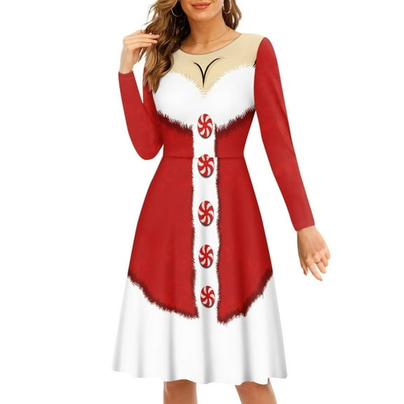 FKELYI Santa Women Dress Size L Comfortable Red Christmas Dress Women Leisure A Line Swing Skater Twirl Dresses Knee Length