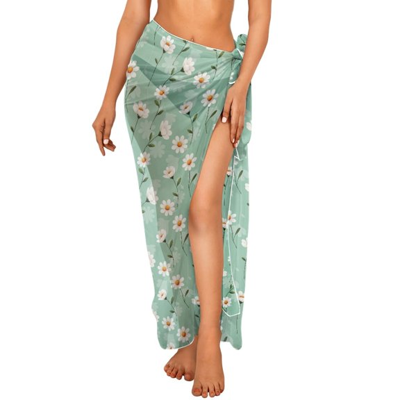 FKELYI Sarong Cover Up for Women Swimwear Cover-Up Chiffon Fabric Beach Coverup Soft Swimsuit Pareo Green Daisy Flower Print Long Beach Wraps for Lady Summer
