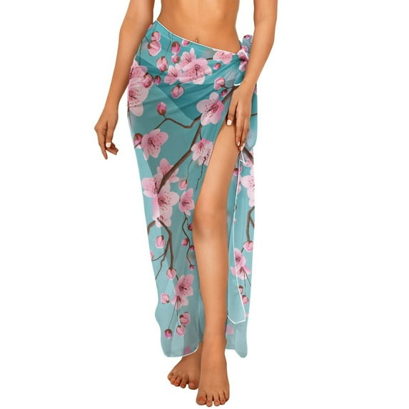 FKELYI Sarong Cover Up for Women Beach Sarongs Bikini Wraps Pink Cherry Flower Print Soft Swimwear Pareo Beachwear Skirt Semi-Sheer Swimsuit Cover-Up for Summer Vacation