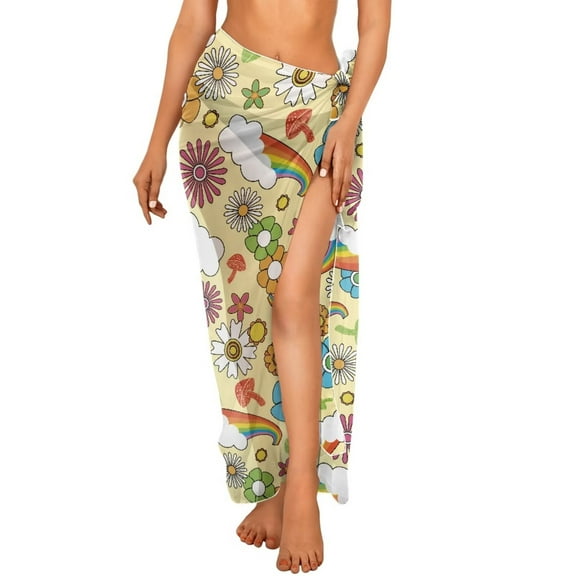 FKELYI Sarong Wrap for Women Beach Cover Up Soft Long Swimwear Cover-Up for Bathing Suit Daisy Flower Rainbow Print Bikini Coverup for Spring Summer Swimsuit Cover Ups