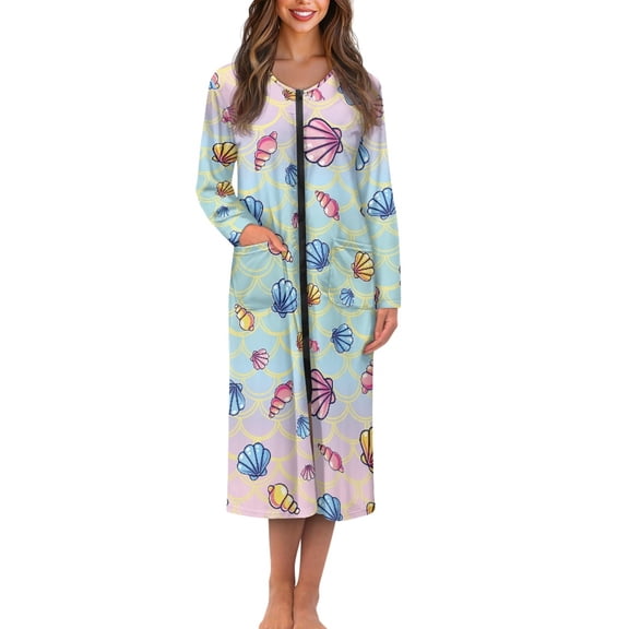 FKELYI Sea Shell Fish Scale Print Women Zip Up Robe Nightgowns Comfy House Coats Full Length Breathable Sleepwear House Dress Long Sleeve Bathrobe with 2 Pockets, S