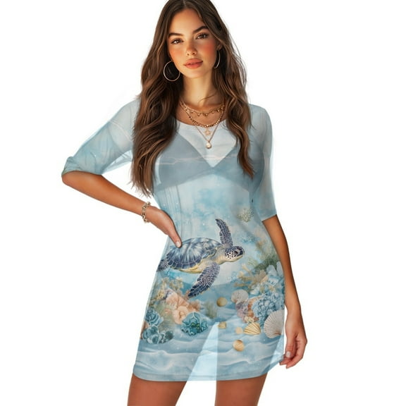 FKELYI Sea Turtle Coral Print Women's Swimsuit Coverup Round Neck Bathing Suit Cover Ups Casual Half-Sleeve Bikini Beach Dress for Summer Vacation Beach Party, M