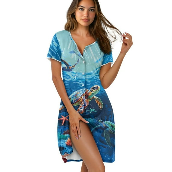 FKELYI Sea Turtle Coral Starfish Print Women Pajama Dress Button Down Nightgowns Sleepwear Dress Breathable Nightdress Short Sleeve House Dress for Summer Spring Nightwear Dress, 2XL