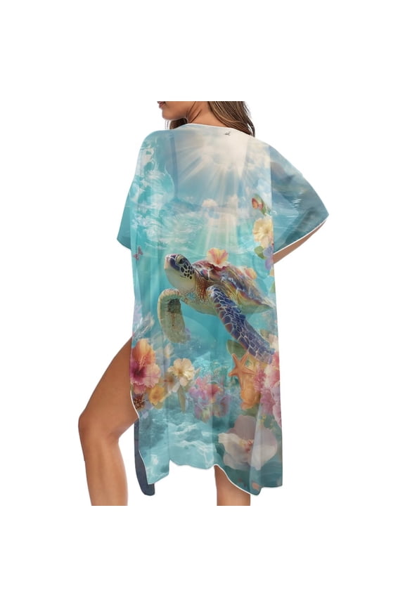 Sea Turtle Flower Starfish Print Womens Swimsuit Cover Up Summer Cardigans Open Front Beach Kimono Coverup Half Sleeve Beachwear Comfy Casual Outfits Resort Wear