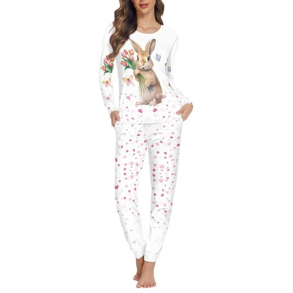FKELYI Size 2XL Heart Rabbit Women Pajama Breathable Daily Loungewear Outfits 2 PCS Durable Skin Friendly Long Sleeve Nightwear Easter Gift