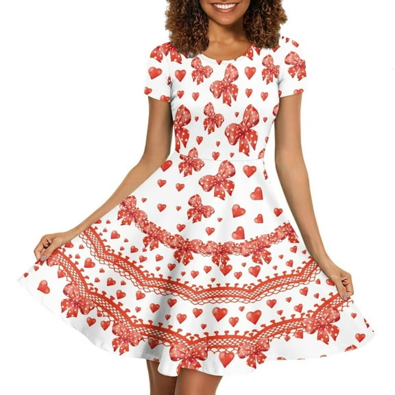 FKELYI Size 2XL Short Sleeve Dress Casual Love Heart Bow Dresses for Women Knee Length Breathable Twirly Skater Dress Valentine's Day Gift