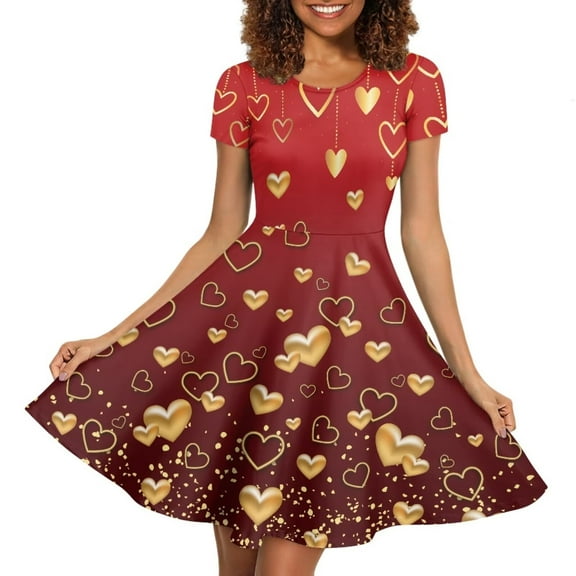 FKELYI Size 2XL Short Sleeve Dress for Valentine's Day Soft Gold Heart Print Women Summer Dresses Durable Swing Twirl Skater Dress for Dating