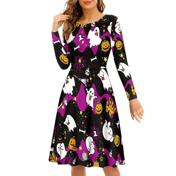 FKELYI Size 3XL Women Dress Lightweight Halloween Hippie Hoilday Party Pleat Dress Elastic Pumpkin Ghost Woman Long Sleeve Casual Dress