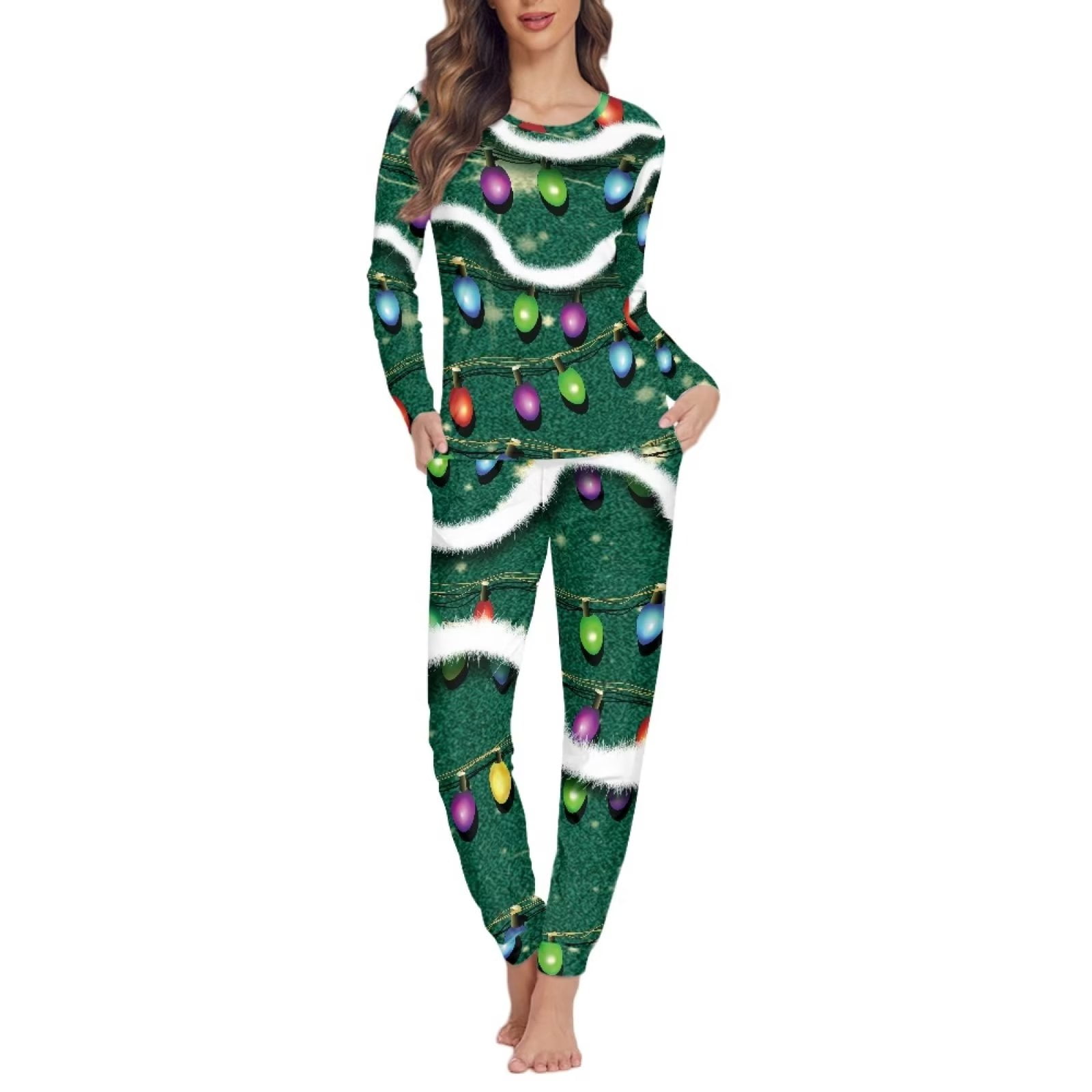 FKELYI Size 4XL Long Sleeve Pjs Elastic Xmas Colorful Lights Petite Pajamas for Women Green Lightweight Nightwear for Women Pajama Set of 2