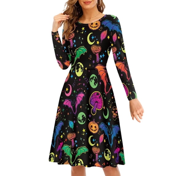 FKELYI Size 4XL Women Dresses Soft Psychedelic Mushroom Woman Casual Dress Long Lightweight Halloween Bats Round Neck Pleat Dress