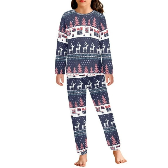 FKELYI Size 5-6 T Long Sleeve Pjs 2 Pieces Lightweight Xmas Tree Kids Pj Pants Casual Christmas Reindeer Party Sleepwear Pj Set