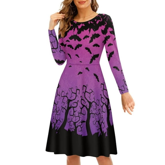 FKELYI Size L Halloween Women Dresses Breathable Purple Bats Swing Skater Midi Dress Long Sleeve Durable Round Neck Twirl Swing Dresses