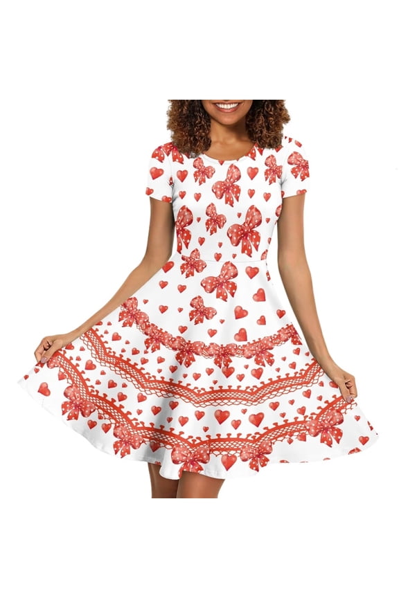 Size L Short Sleeve Dress Casual Love Heart Bow Dresses for Women Knee Length Breathable Twirly Skater Dress Valentine's Day Gift
