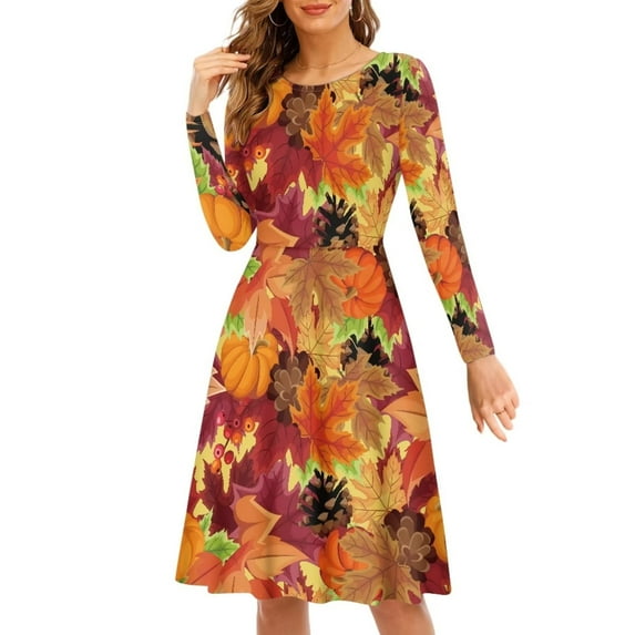 FKELYI Size L Women Dress Comfortable Thanksgiving Pumpkin Women Long Sleeve Dress Fall Maple Leaves Round Neck Dresses for Women Casual Midi