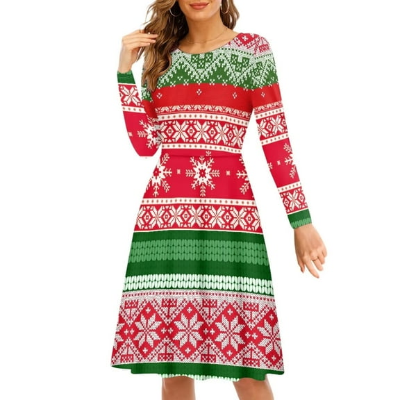 FKELYI Size L Women Dresses Durable Christmas Snowflake Print Swing Skater Dress for Hoilday Soft Long Sleeve A Line Skater Casual Twirly Dress