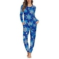 thumbnail image 1 of FKELYI Size M Pjs 2 Pieces Stretchy Christmas Snowflake Petite Pajamas for Women Blue Soft Long Sleeve Loungewear for Hoilday Party, 1 of 5