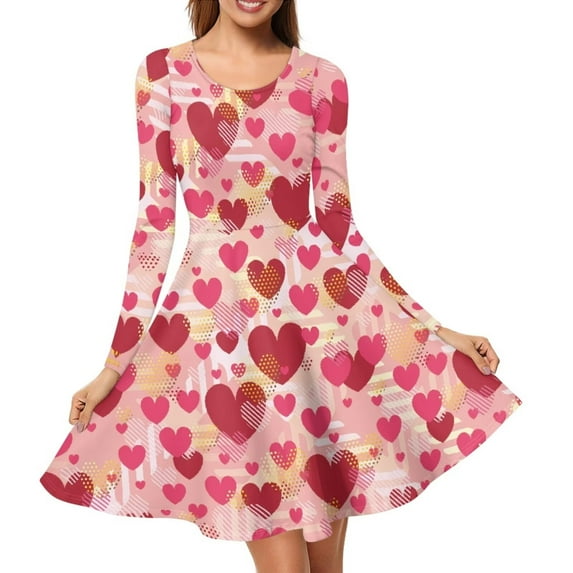 FKELYI Size M Women Dress Comfy Love Heart Pink Woman Long Sleeve Casual Dress Elastic Twirl Swing Dresses Knee Length Valentine's Day Gift