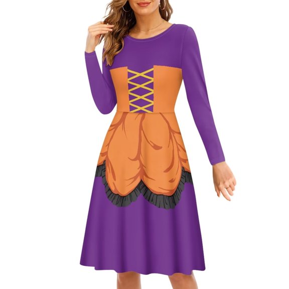 FKELYI Size M Women Dress Durable Thanksgiving Fall Turkey Costume Women Formal Dresses with Sleeves Breathable Purple Twirl Swing Dresses for Ladies