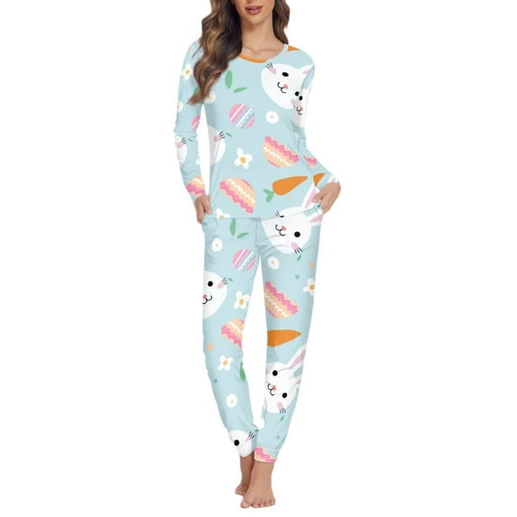 FKELYI Size M Women Pajamas Easter Gift Leisure Rabbit Eggs Long Sleeve Pjs for Women Set of 2 Stretchy Crew Neck Sleepwear Home Night Wear