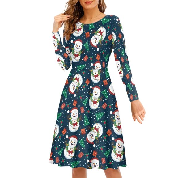 FKELYI Size S Women Dress Casual Christmas Tree Snowman A-Line Swing Party Dress Comfortable Women Long Sleeve Dress to Look Thin,Christmas Gift