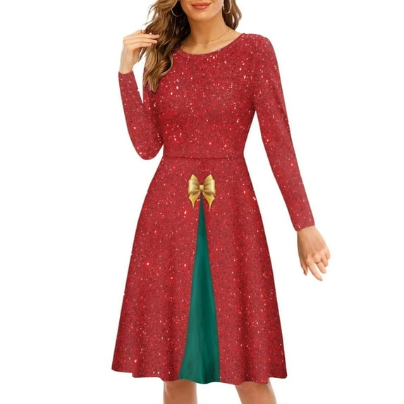FKELYI Size S Women Dress Comfy Glitter Christmas Red Christmas Dress Women Elastic A Line Swing Skater Twirl Dresses for Party