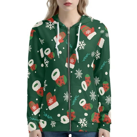 FKELYI Size S Zipper Hoodie Green Soft Christmas Snowflake Long Sleeve Sweatshirts Novelty Comfortable Zippered Cardigan Sweaters for Women