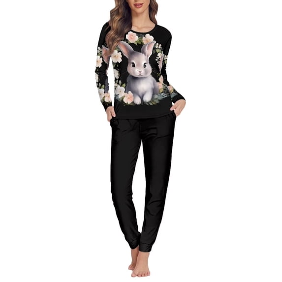 FKELYI Size XL Floral Pjs Aesthetic 2 Packs Soft Easter Rabbit Jogger Nightwear for Women Pajama Lightweight Long Sleeve Ladies Pajamas Sets