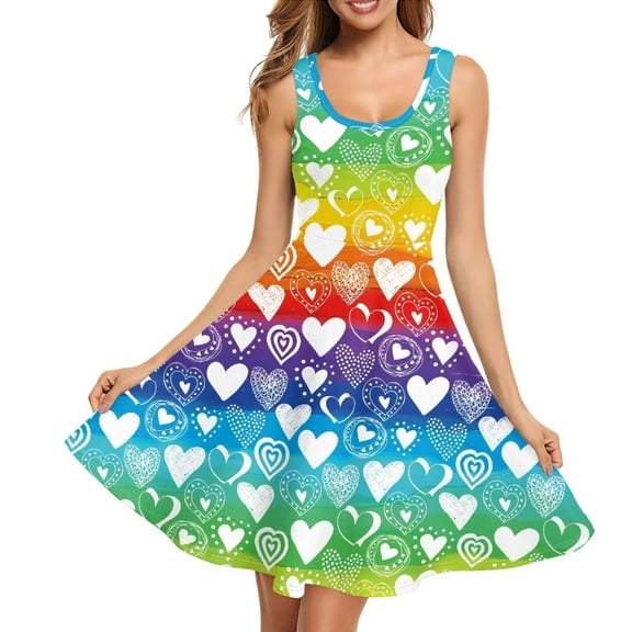 FKELYI Size XL Sleeveless Dresses Stretchy Love Heart Rainbow Swing Skater Midi Dress Durable Tank Dress for Women Valentine's Day Gift