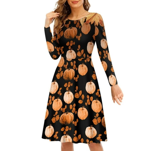 FKELYI Size XL Women Dress Soft Hallo Fall Maple Leaf Women Long Sleeve Dress Shirt Elastic Thanksgiving Punpkins Women Dresses Long Crew Neck