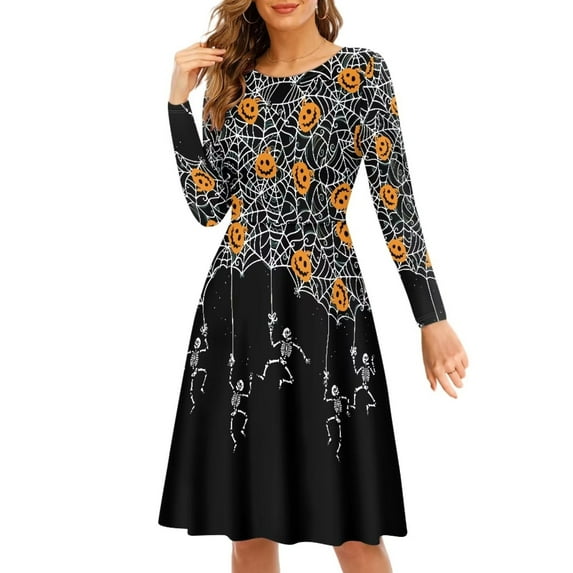 FKELYI Skull Pumpkin Women Dress Halloween Spider Casual Midi Length Dress Long Sleeve Loose Hoilday A Line Swing Skater Twirl Dresses Size S