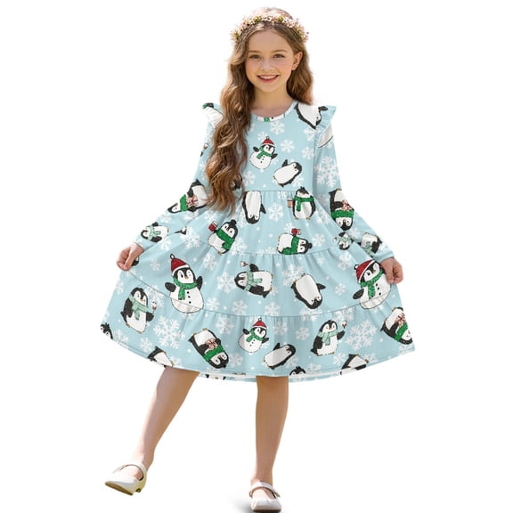 FKELYI Snowflake Penguine Print Toddler Girl Long Sleeve Dresses Breathable A-Line Ruffle Trim Dress Soft Fall Outfits for Girls Patchwork Dresses, 5-6 Y