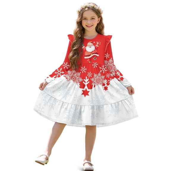 FKELYI Snowflake Santa Claus Print Toddler Girl Long Sleeve Dresses Breathable A-Line Ruffle Trim Dress Soft Fall Outfits for Girls Patchwork Dresses, 7-8 Y