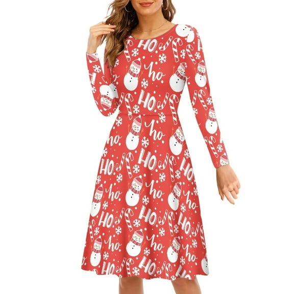 FKELYI Snowman Ho Ho Women Dress Size L Comfy Christmas Candy Cane Swing Party Dress Elastic Christmas Party Dresses for Women,Christmas Gift