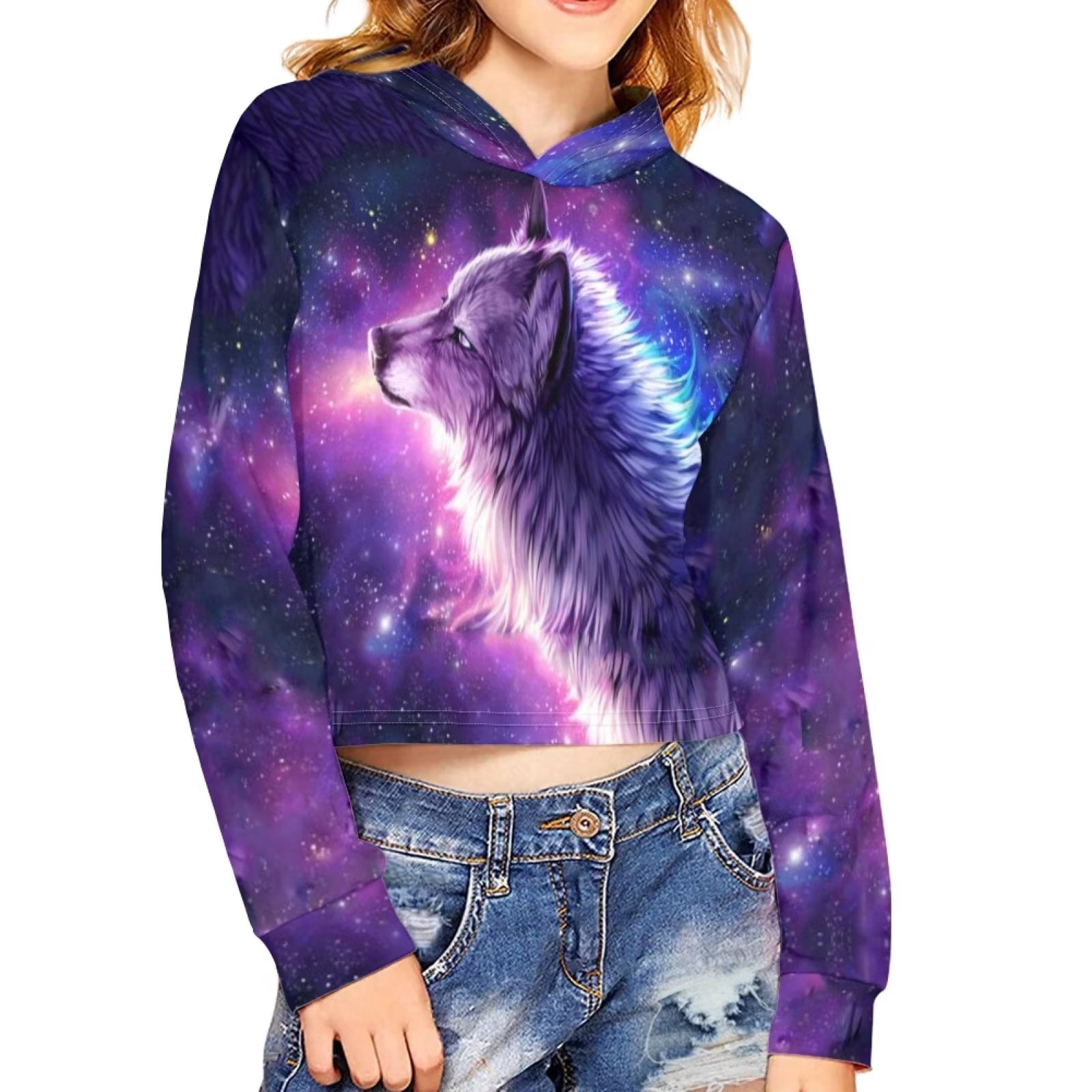 FKELYI Space Wolf Cool Crop Tops Hoodies Size 9-10 Years Comfortable  Playing Hooded Pullover for Kids Girls Soft Casual Lone Sleeve Sweatshirts  Fashion - Walmart.com