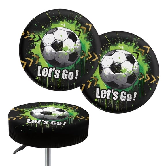FKELYI Splash-Ink Soccer Round Stool Covers 2 PCS Green Washable Bar Stool Seat Covers Size L Soft Round Bar Stool Seat Cover with Elastic Edge