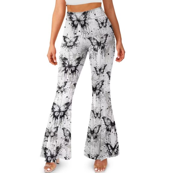 FKELYI Splatter Butterfly Print Yoga Leggings for Women Workout Wide Legged Yoga Pants High Waist Flared Leggings Bell Bottom Sweatpants for Indoor Outdoor Running Yoga, 2XL