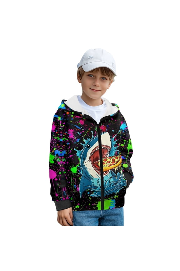 Splatter Oil Painting Shark Print Zip Up Hoodies for Kids Fall Sweatshirt Jacket with Side Pockets Winter Activewear Top Cosy Hooded Clothes, L