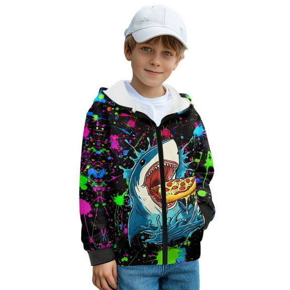 FKELYI Splatter Oil Painting Shark Print Zip Up Hoodies for Kids Fall Sweatshirt Jacket with Side Pockets Winter Activewear Top Cosy Hooded Clothes, M