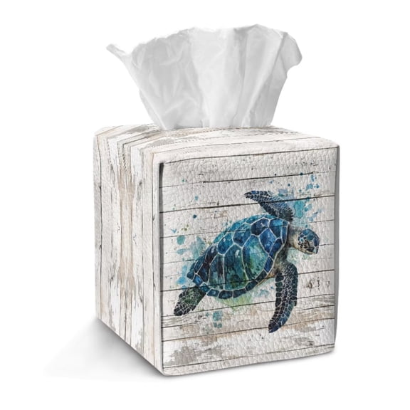 FKELYI Splatter Sea Turtle Print Squared Tissue Box Cover Tissue Holder Organizer Snap Button Design Facial Paper Holder Cover Faux Leather Home Office Decor