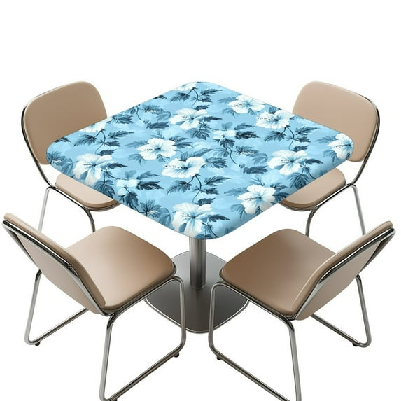 FKELYI Square Fitted Table Cover Elastic Tablecloth Blue Hibiscus Flower Print Stretch Fabric Removable Card Tables Top Cover for Dining Kitchen Home Party, 36x36 inch