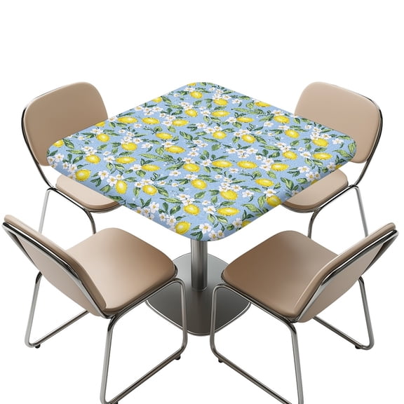 FKELYI Square Fitted Table Cover Elastic Tablecloth Floral Lemon Blue Print Stretch Fabric Removable Card Tables Top Cover for Dining Kitchen Home Party, 36x36 inch